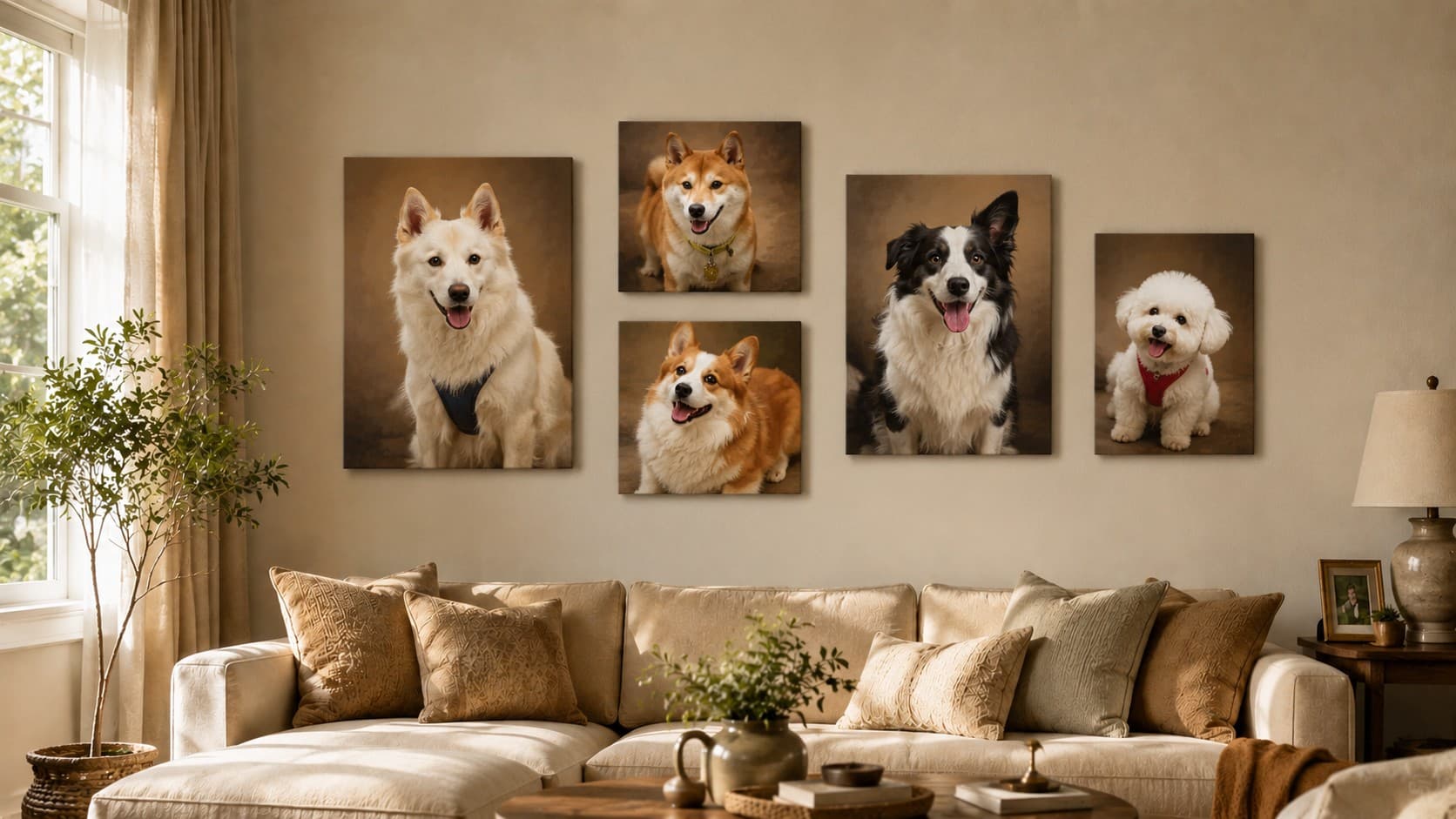 Custom multi pet portrait canvas wall gallery