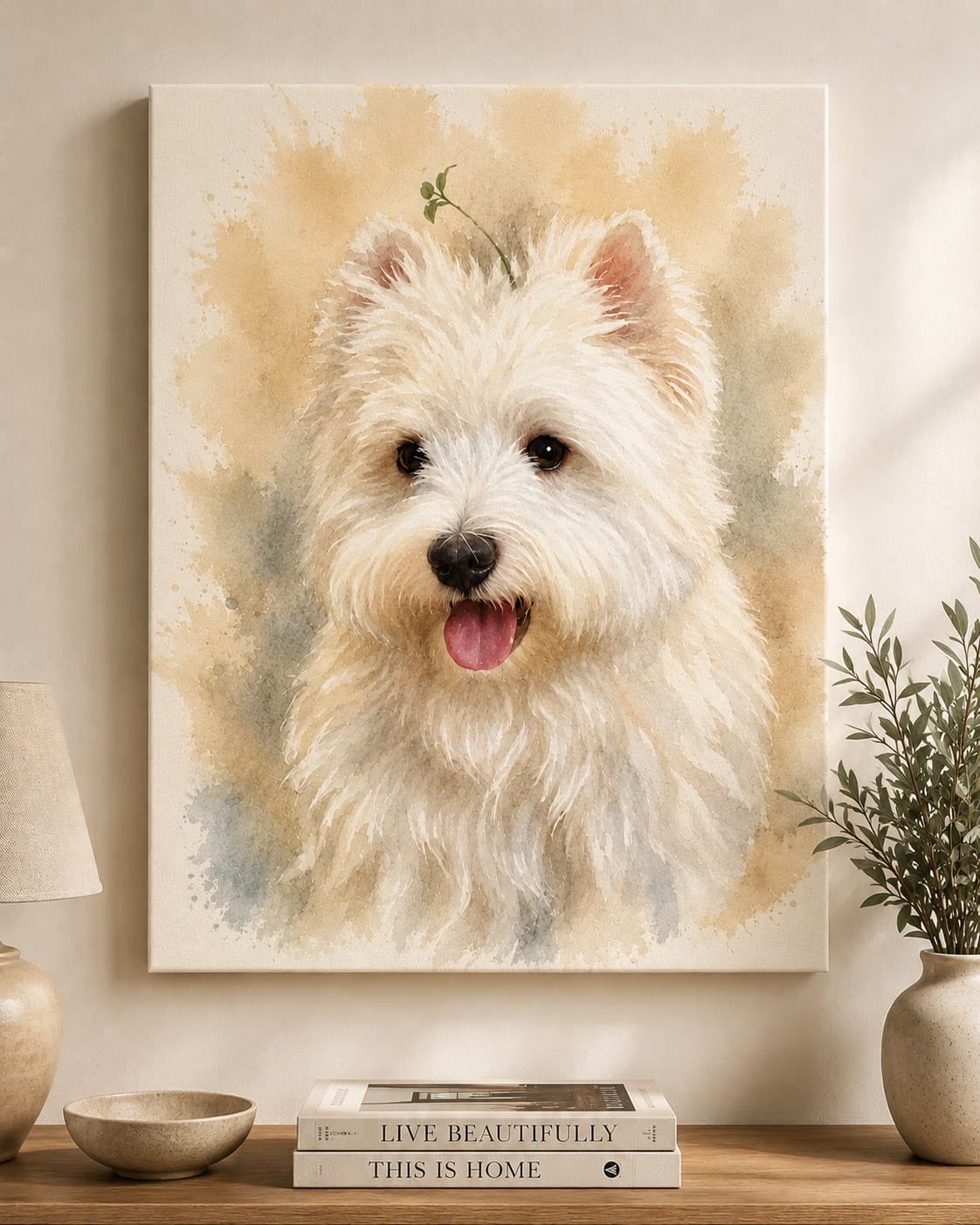 Cozy interior with watercolor canvas pet portrait