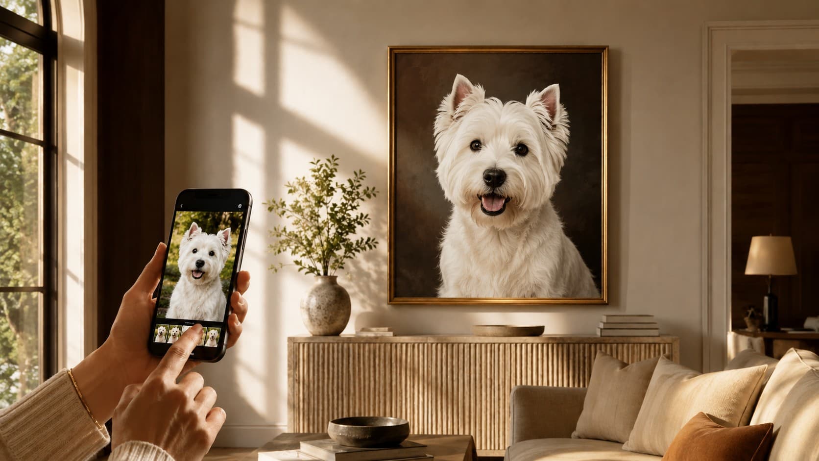 Cozy living room with dog portrait
