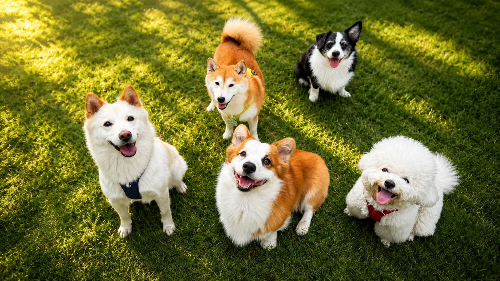 Happy dogs in a sunny park setting